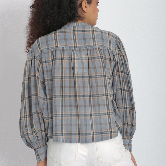 Ulla Johnson / Clarke blue plaid gathered checked cotton voile blouse top 8 - Picture 2 of 9
